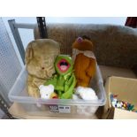 A box of soft toys including Fisher Price Fozzie Bear and Kermit, and a box of small plastic