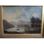 P. Nasmyth, oils on board, ferry on a loch with figures and horses on the shore, signed (32 x 43