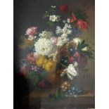 A Flemish School oils on canvas still life of a profusion of summer flowers in a vase on a ledge (79