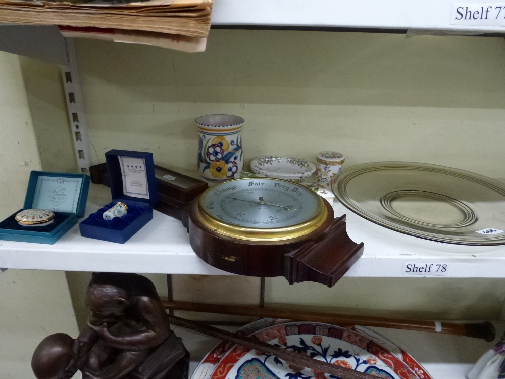 A smoky glass Art Deco plate, a wooden cased wall barometer, a Poole pottery vase, two boxed Halcyon