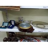 A smoky glass Art Deco plate, a wooden cased wall barometer, a Poole pottery vase, two boxed Halcyon