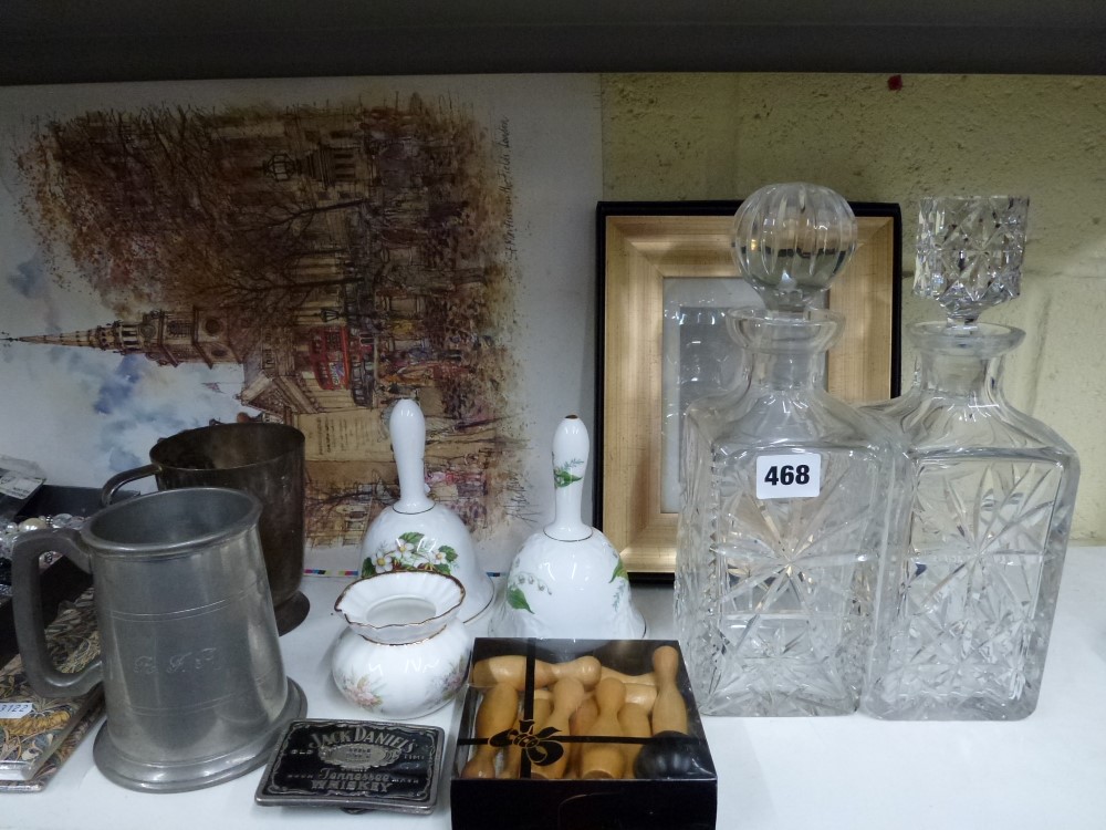 A mixed lot including a near pair of cut glass decanters and stoppers, a modern frame, a Royal