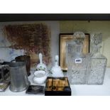 A mixed lot including a near pair of cut glass decanters and stoppers, a modern frame, a Royal