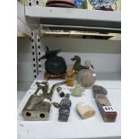 A collection of 11 Chinese and other Eastern items, including a water pipe, carved soapstone seal,