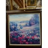 A large coloured print on a textured surface of red and white poppies in a meadow, and a framed