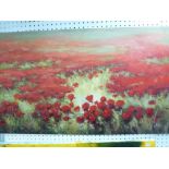 A collection of six oils, signed by various artists, including a field of poppies, sunflowers,