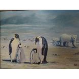 B.A., oils on board, penguins and polar bears in a snowy landscape, signed with initials, together