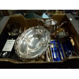 A carton of plated items and other metalware, including an unusual late Victorian cake basket with