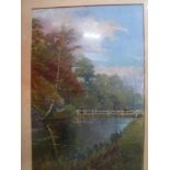 W. Redworth, oils on board, cattle and a drover peering into the water from a fenced path, signed (