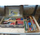 A fitted suitcase of vintage Meccano, mainly red and blue, with booklets [upstairs shelves] WE DO