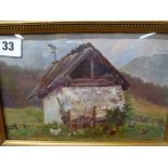 Oils on board, chickens around a tumbledown barn (14 x 21 cm), framed WE DO NOT TAKE CREDIT CARDS OR