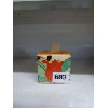 A rare Clarice Cliff Newport Pottery Bizarre Fantasque inkwell with cover, of cube shape 458, in Red