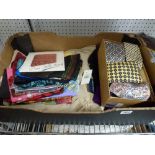 A box of clothing and accessories including Ralph Lauren trousers, silk scarves, silk ties,