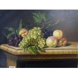 A Flemish school oils on canvas still life of soft fruits on a carved table (35 x 44 cm) WE DO NOT