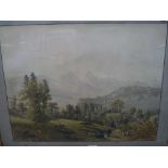 F.Salutie, watercolour, an extensive Alpine landscape with grazing cattle in the foreground,