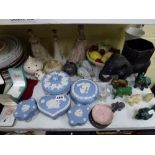 Two shelves of mixed china including Royal Doulton Simplicity part tea and dinner service, a boxed