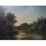 Timak, oils on canvas, a washer-woman on the banks of a river opposite a watermill, signed (64 x