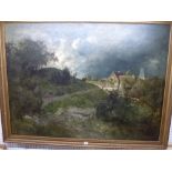 Continental school, 19th century, oils on canvas, stormy skies over an extensive landscape with farm