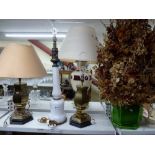 A large white opaline glass table lamp plus a pair of brass table lamps on stands and a large