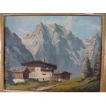 Lochoer, oils on canvas, a chalet in an Alpine valley, signed (34 x 44 cm), gilt swept frame. WE