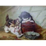 In the 19th century sentimental style, oils on canvas of kittens playing with ribbon (35 x 46 cm) WE