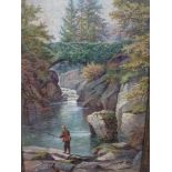 E.L., oils on board, a fly fisherman by a placid pool on a river, signed with initials (27 x 17 cm),