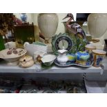 A Kitsch lustre clock depicting a heron, a pair of Quimper goblets, a Royal Albert Old Country Roses