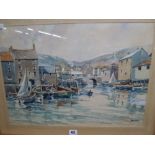 Van Gill, a watercolour of a small fishing harbour, signed, a gouache still life of flowers, another