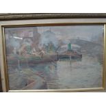 Herbert Oakley, a watercolour of barges on an industrial canal, signed (29 x 44 cm), gilt swept