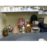 A mixed lot including five table lamps plus two shades, a green Rumtopf, a white-glazed stick stand,