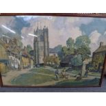 After Leonard R. Squirrell, a large coloured lithograph of a Cotswold village green, signed in the