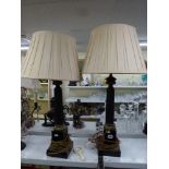 A pair of impressive French metal column table lamps and shades with brass decoration by Brevet d'