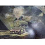 E. Charles, oils on board of a steam locomotive, signed and dated 81 (29 x 39 cm), framed WE DO