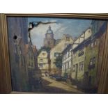 T.H. Lambright, oils on board, a lane behind cottages, signed (47 x 66 cm), gilt swept frame,