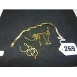 A 9 ct gold chain necklet, a 10 ct bracelet, a pair of 10 ct ear hoops, and a single 10 ct ear hoop,