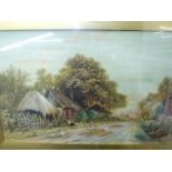 A.W. Williams, a pair of watercolours, Cottage by a river with punts and A farm track with geese,