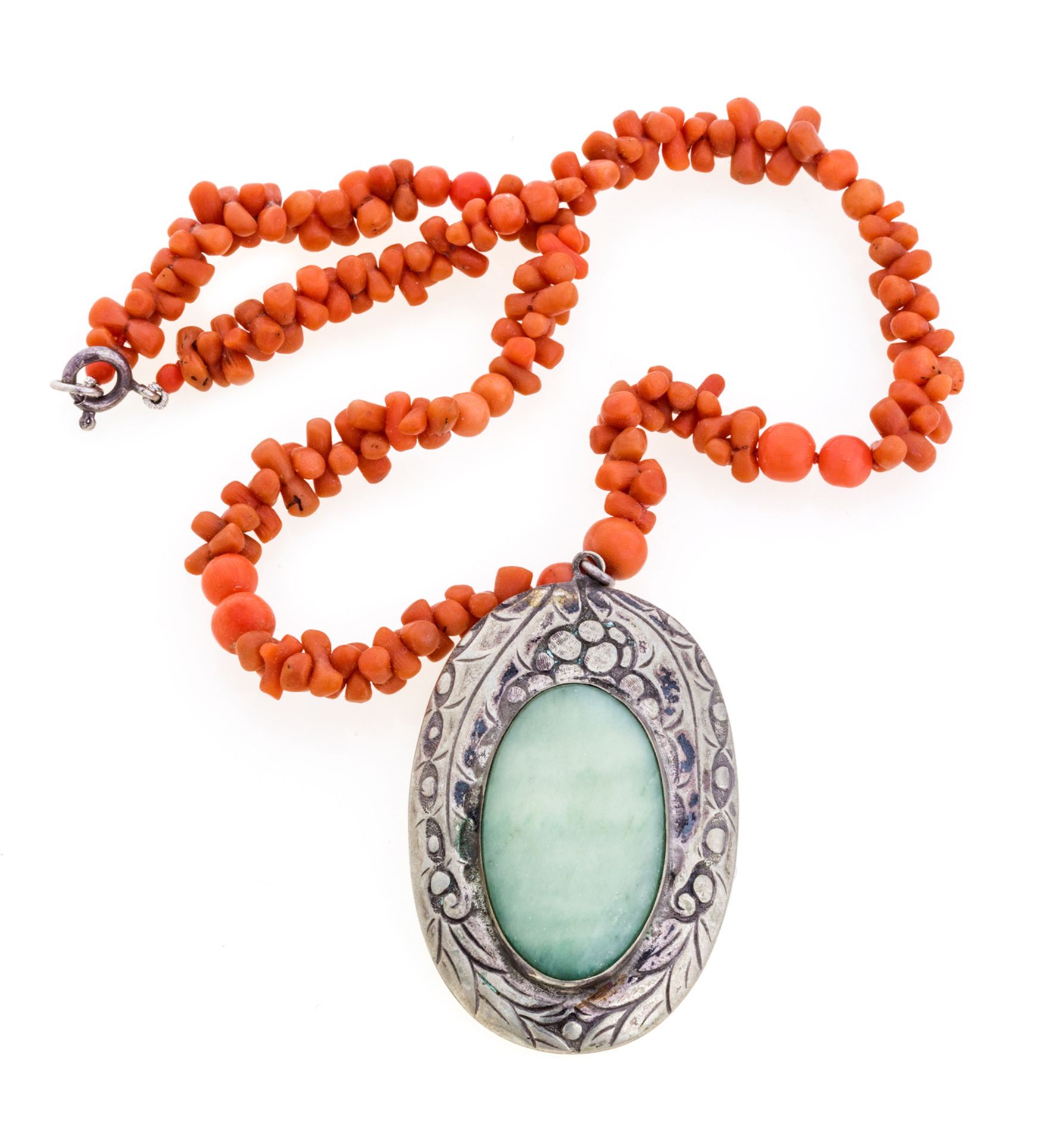 CORAL SILVER AND JADE NECKLACE