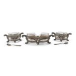 TWO SALT CELLARS AND A MOSTARD BOWL IN SILVER AND GLASS ITALY 20TH CENTURY
