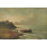 OIL PAINTING OF A BOAT AND FISHERMEN NEAPOLITAN SCHOOL 20TH CENTURY