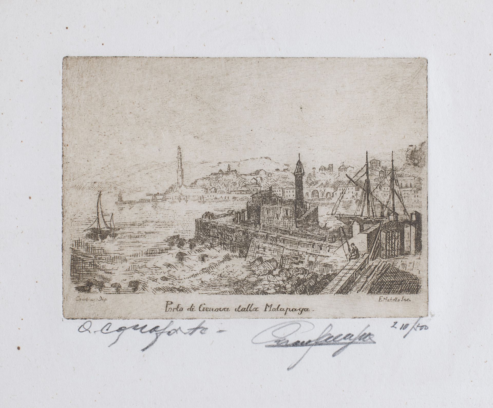 ETCHING OF THE PORT OF GENOA BY E. METALLO (20TH CENTURY)