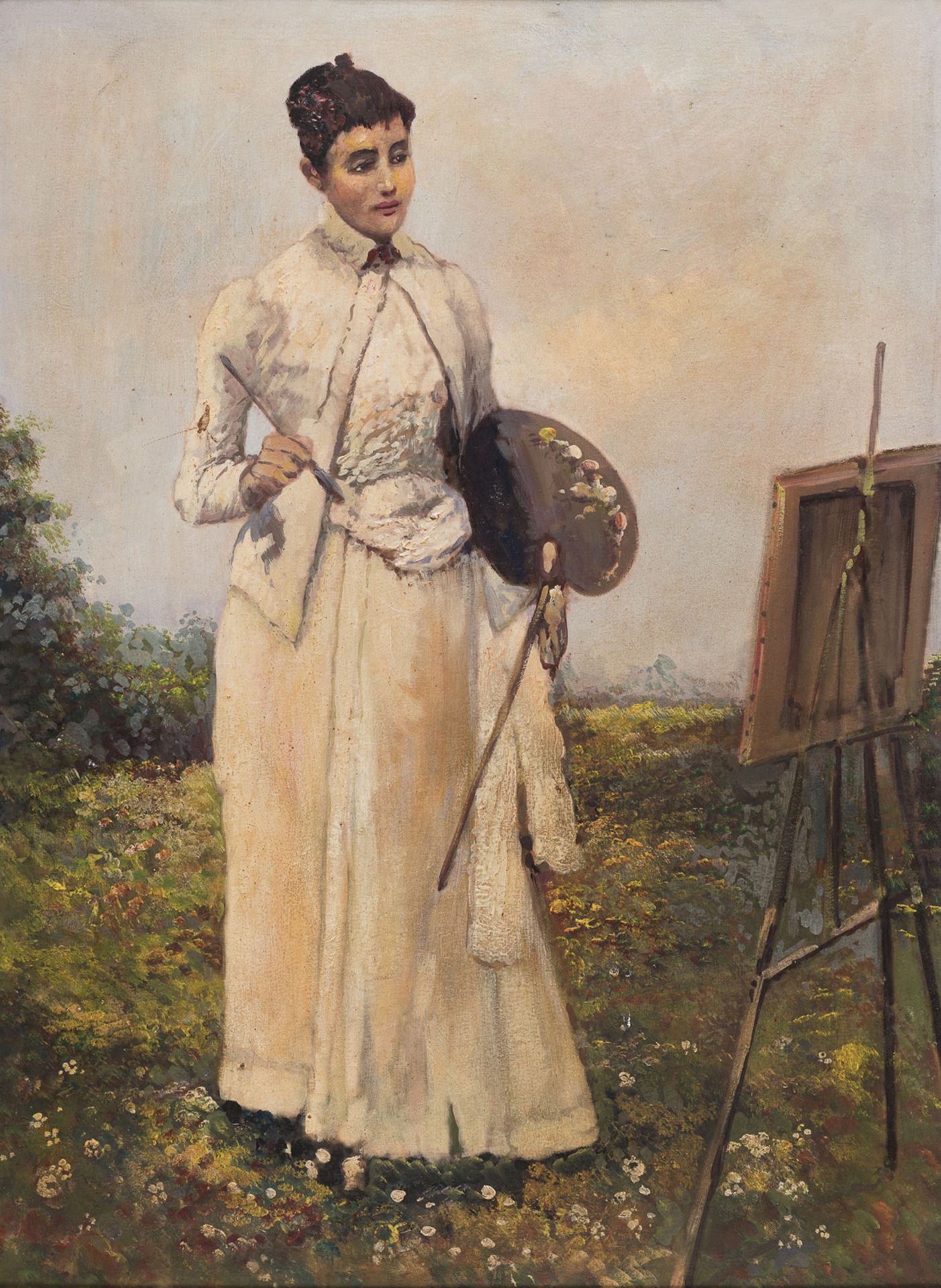 OIL PAINTING OF A YOUNG PAINTER EN PLEIN AIR 29TH CENTURY