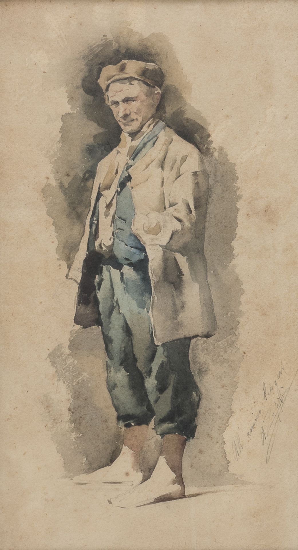 WATERCOLOR OF A MAN SIGNED 'MASSIMO PIAGESI' 19TH CENTURY