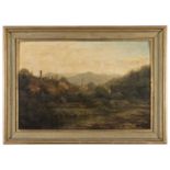 OIL PAINTING OF A LANDSCAPE WITH CATHEDRAL SIGNED ''W. AMORETI' 19TH CENTURY