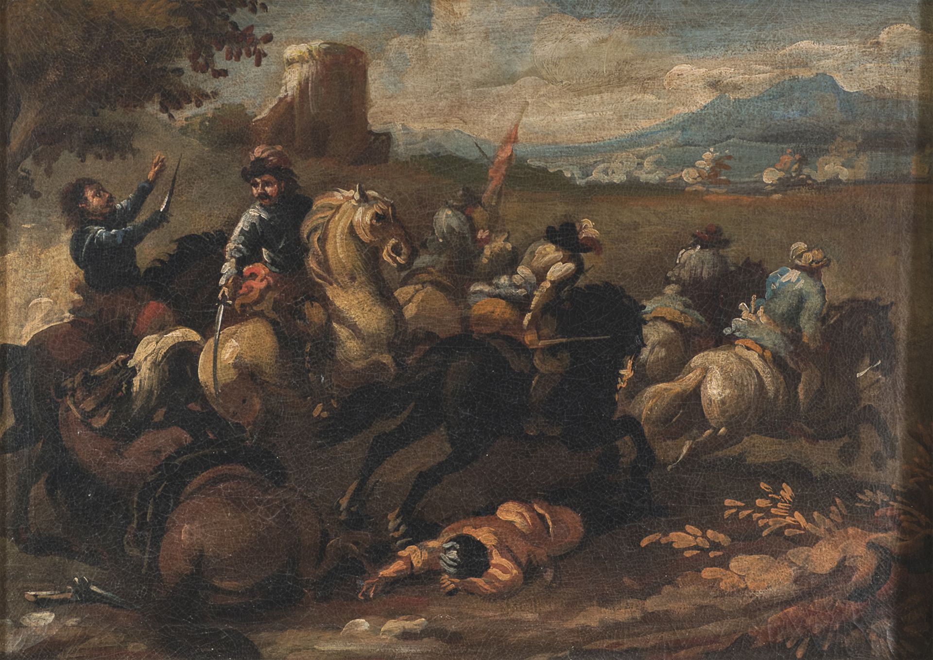 OIL PAINTING OF KNIGHTS' ATTACK LATE 18TH CENTURY