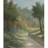 OIL PAINTING OF A PATH IN THE WOODS