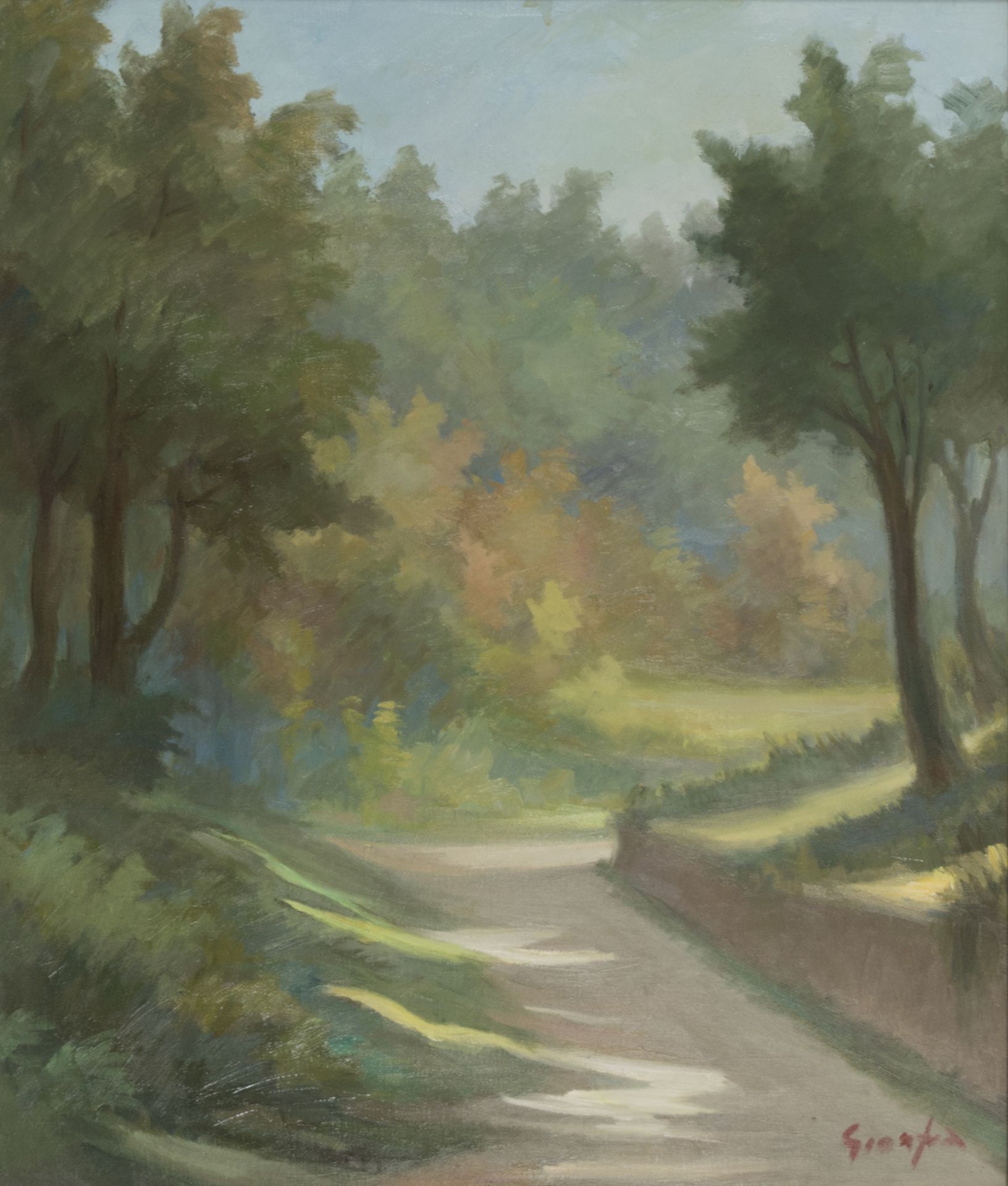 OIL PAINTING OF A PATH IN THE WOODS