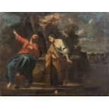OIL PAINTING CHRIST AND THE SAMARITAN OF BOLOGNESE SCHOOL