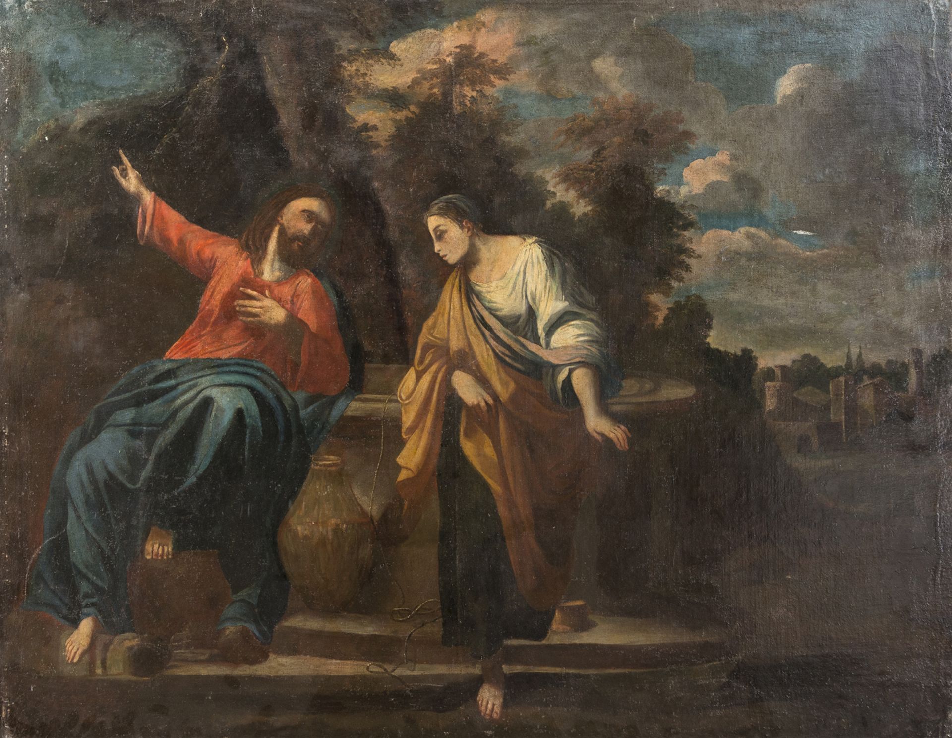 OIL PAINTING CHRIST AND THE SAMARITAN OF BOLOGNESE SCHOOL