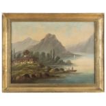 OIL PAINTING OF A LAKESCAPE WITH FISHERMEN 20TH CENTURY