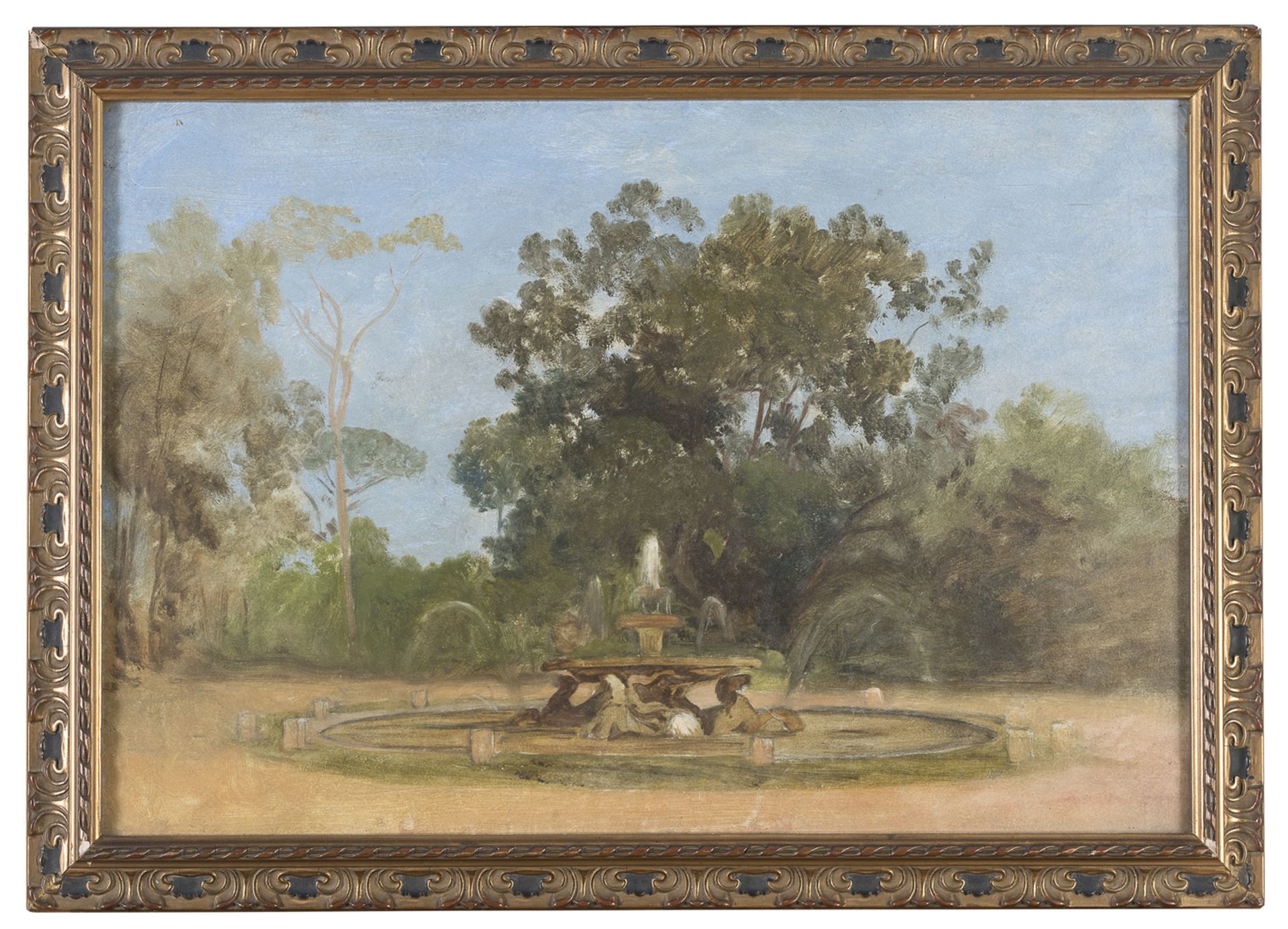 OIL PAINTING OF THE THE FOUNTAIN OF THE SEAHORSES OF VILLA BORGHESE 20TH CENTURY